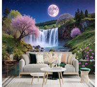 XLMING Waterfall Cherry Blossoms River Wildflowers Full Moon 3D Wallpaper Premium Textured Silk Study Dining Living Room Bedroom Sofa TV Wall Easy Install-400cm×280cm