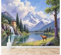 XLMING Waterfall Lake Cottage Deer Mountain Scenery 3D Wallpaper Premium Textured Silk Study Dining Living Room Bedroom Sofa TV Wall Easy Install-350cm×256cm