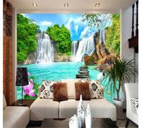 XLMING Waterfall Lake Lotus Small Fish Plants 3D Wallpaper Premium Textured Silk Study Dining Living Room Bedroom Sofa TV Wall Easy Install-200cm×140cm