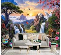 XLMING Waterfall Scenery Mountains Birds Swans Flowering Trees 3D Wallpaper Silky Texture Home Study Office Grey Dining Room Sofa Bedroom Living Room TV Backdrop-350cm×256cm