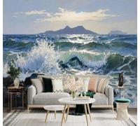 XLMING Waves Crashing Against Rocks Island Blue Sky Coast Landscape 3D Wallpaper Premium Textured Silk Study Dining Living Room Bedroom Sofa TV Wall Easy Install-350cm×256cm