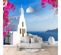 XLMING White Architecture Sea Red Flowers 3D Wallpaper Silky Texture Home Study Office Grey Dining Room Sofa Bedroom Living Room TV Backdrop-200cm×140cm