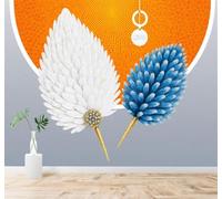 XLMING White Blue Feathers Art Abstract Gold Orange 3D Wallpaper Premium Textured Silk Study Dining Living Room Bedroom Sofa TV Wall Easy Install-300cm×210cm