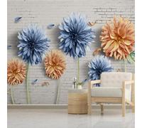 XLMING White Brick Wall Blue Yellow Flowers 3D Wallpaper Premium Textured Silk Study Dining Living Room Bedroom Sofa TV Wall Easy Install-150cm×105cm