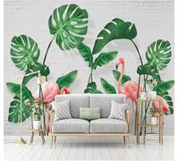 XLMING White Brick Wall Green Leaves Pink Flamingo 3D Wallpaper Premium Textured Silk Study Dining Living Room Bedroom Sofa TV Wall Easy Install-250cm×170cm