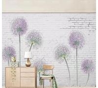 XLMING White Brick Wall Hand Painted Purple Dandelions 3D Wallpaper Premium Textured Silk Study Dining Living Room Bedroom Sofa TV Wall Easy Install-300cm×210cm
