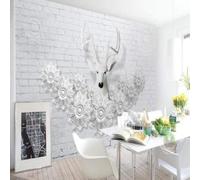 XLMING White Brick Wall Relief Elk Beautiful Flowers 3D Wallpaper Premium Textured Silk Study Dining Living Room Bedroom Sofa TV Wall Easy Install-150cm×105cm
