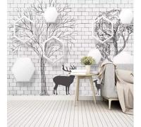 XLMING White Brick Walls Abstract Hand Drawn Trees Deer 3D Wallpaper Premium Textured Silk Study Dining Living Room Bedroom Sofa TV Wall Easy Install-200cm×140cm