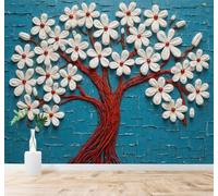 XLMING White Flowers Red Branches Abstract Blue Texture 3D Wallpaper Premium Textured Silk Study Dining Living Room Bedroom Sofa TV Wall Easy Install-400cm×280cm