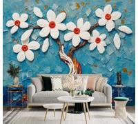 XLMING White Flowers Trees Abstract Blue Texture 3D Wallpaper Premium Textured Silk Study Dining Living Room Bedroom Sofa TV Wall Easy Install-150cm×105cm