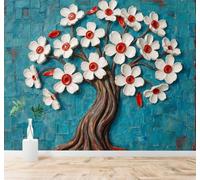 XLMING White Flowers Trees Abstract Blue Texture Red Accents 3D Wallpaper Premium Textured Silk Study Dining Living Room Bedroom Sofa TV Wall Easy Install-150cm×105cm