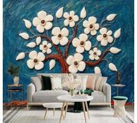 XLMING White Flowers Trees Abstract Blue Textures Art 3D Wallpaper Silky Texture Home Study Office Grey Dining Room Sofa Bedroom Living Room TV Backdrop-250cm×170cm