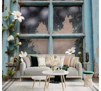XLMING White Flowers Vintage Rustic Blue Windows Wooden Frames 3D Wallpaper Premium Textured Silk Study Dining Living Room Bedroom Sofa TV Wall Easy Install-300cm×210cm
