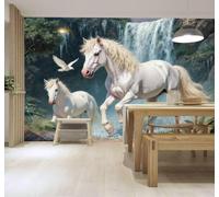 XLMING White Horse Waterfall Forest Birds Natural Landscape 3D Wallpaper Premium Textured Silk Study Dining Living Room Bedroom Sofa TV Wall Easy Install-400cm×280cm