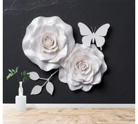 XLMING White Rose Butterfly Black Background Elegant Flowers Art 3D Wallpaper Premium Textured Silk Study Dining Living Room Bedroom Sofa TV Wall Easy Install-150cm×105cm