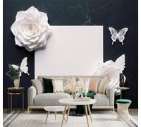 XLMING White Roses Butterflies Geometric Squares Dark Background 3D Wallpaper Premium Textured Silk Study Dining Living Room Bedroom Sofa TV Wall Easy Install-400cm×280cm