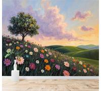 XLMING Wildflowers in Bloom Grassland Trees Sunset Sky 3D Wallpaper Premium Textured Silk Study Dining Living Room Bedroom Sofa TV Wall Easy Install-400cm×280cm