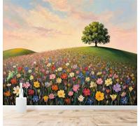 XLMING Wildflowers in Bloom Grassland Trees Sunset Sky 3D Wallpaper Premium Textured Silk Study Dining Living Room Bedroom Sofa TV Wall Easy Install-300cm×210cm
