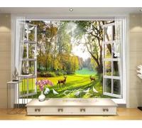 XLMING Window Birds Forest Lawn Fawn 3D Wallpaper Silky Texture Home Study Office Grey Dining Room Sofa Bedroom Living Room TV Backdrop-150cm×105cm
