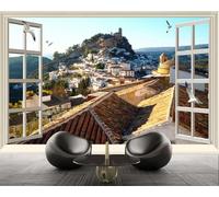 XLMING Window Birds in Flight Architecture Mountain Peaks Scenery 3D Wallpaper Silky Texture Home Study Office Grey Dining Room Sofa Bedroom Living Room TV Backdrop-200cm×140cm