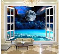 XLMING Window Blue Starry Sky Planet Universe 3D Wallpaper Luxury Home Dining Decor Paste Sofa Living Room The Wall for Bedroom Mural-430cm×300cm