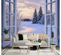 XLMING Window Pine Tree Sunset Sky Winter Snowy Landscape 3D Wallpaper Premium Textured Silk Study Dining Living Room Bedroom Sofa TV Wall Easy Install-250cm×170cm