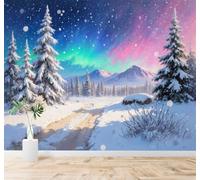 XLMING Winter Forest Cedars Mountains Colourful Northern Lights Sky 3D Wallpaper Silky Texture Home Study Office Grey Dining Room Sofa Bedroom Living Room TV Backdrop-350cm×256cm