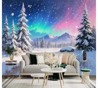 XLMING Winter Forest Fir Trees Mountains Colourful Northern Lights Sky 3D Wallpaper Premium Textured Silk Study Dining Living Room Bedroom Sofa TV Wall Easy Install-350cm×256cm