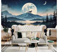 XLMING Wolf Starry Sky Moon Mountain Peaks Landscape 3D Wallpaper Premium Textured Silk Study Dining Living Room Bedroom Sofa TV Wall Easy Install-350cm×256cm