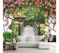 XLMING Wooden Bridge Brick Wall Flowers Forest Scenery 3D Wallpaper Silky Texture Home Study Office Grey Dining Room Sofa Bedroom Living Room TV Backdrop-250cm×170cm