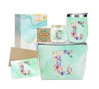 XLRSDF Personalized Gifts Monogrammed Birthday Gifts for Women, Cowerker Bride Wife Sister Wedding Christmas Initial Wine Tumbler Makeup Bag Scented Candle Bracelet Set, (Aesthetic Green Flower C)