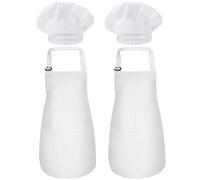 XLSXEXCL 2 Pack Kids Chef Apron and Hat, Adjustable Kitchen Cooking Apron with Two Pockets for Girls Boys, White, approx. 17.3 inches / 44 cm length, 26.3 inches / 67 cm base width.