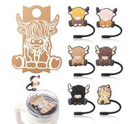 XLSXEXCL 7 Pcs Highland Cow Straw Cover Caps Compatible with Stanley Cup, Silicone Cute Reusable Straw Toppers compatible with Stanley Cup Accessories 10mm