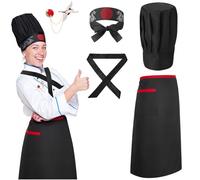 XLSXEXCL Hibachi Chef Hat and Apron Costume Set, Professional Complete Japanese Teppanyaki Costume with Hachimaki Headband Tie, Tall Chef Hat, Brooch, Apron for Hibachi Birthday Party Costume (Adult)