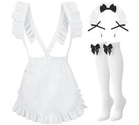 XLSXEXCL Maid Costume Set for Women, Sexy Halloween Cosplay Outfit with White Apron, Cute French Maid Dress, Bow Thigh High Socks with Hairband for Cosplay Parties, Halloween Costume Parties