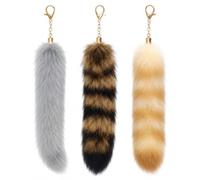 XLTXWD 3Pcs Therian Tail Set, Fox Tail Keychain Animal Spirit Accessory for Cosplay and Collection, Includes Grey, Patterned and Gradient Designs, Great for Bags, Keys and Costumes