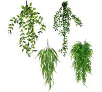 XLTXWD 4PCS Fake Hanging Plants, Artificial Plants Outdoor Decor, Artificial Hanging Plants for Wall and Patio Arrangements, Fake Ivy Set of Four with Persian Rattan and Mandala Branches