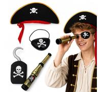 XLTXWD 4Pcs Pirate Hat, Pirate Accessories, Pirate Costume Set with Eye Patch and Telescope, Hook Included, for Themed Events