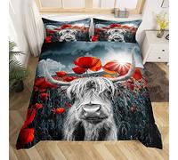 XLYYDS 3D Highland Cow Double Duvet Cover Set, Soft Microfibre Red Poppy Bedding Set, Highland Cow Quilt Cover 200x200 cm and 2 Pillowcases