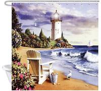XLYYDS Lighthouse Shower Curtain, Beach Lounger Bathroom 3D Shower Curtains Set, Mould Resistant Waterproof Washable Bathroom Curtains Bathroom Accessories with 8 Hooks, 120 x 200 cm