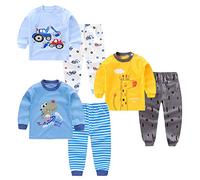 XM-Amigo Boys Kids Pyjamas 3 Set Dinosaur Robot Lion Tractor Print Kids Pjs Pajama Long Sleeve Top Cotton Sleepewar Shirts & Pants Bottoms Nightwear Children Outfit