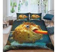 XMABDIEPO 3D Printed Pufferfish Eating Quilt Cover Breathable Fabric Underwater Cartoon Bedding Cover Stain Resistant Fade Resistant for College Dorm Student Bedroom Bedding Use King（220x240cm）