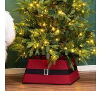 Xmas Christmas Tree Rattan Wicker Skirt | Stand Base Basket Cover | Decorative Holiday Tidy Decor | Stylish Christmas Tree Base Cover for Home Festive Charm (Red & Black Belt)
