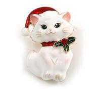 Xmas Christmas White Enamel Cat Kitty Brooch In Gold Tone - 40mm Tall