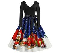 Xmas Dresses for Women Uk, 1950s Dresses for Women Vintage A-Line Flared Swing Xmas Mini Dress Long Sleeve Christmas Dress Xmas Dresses Prom Swing Printing Holiday Clothing