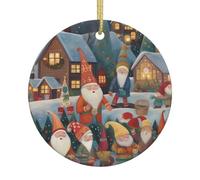 Xmas Funny Gnomes Christmas Ceramic Ornament Round Hanging Decoration with Gold String, Double-Sided Print Holiday Keepsake Gift for Home & Tree