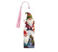 Xmas Funny Gnomes Wooden Bookmarks 5 Pcs,Handmade Double-Sided Printed Book Marks Page Markers with Pink Tassels Book Accessories Gift for Book Lovers Women Men