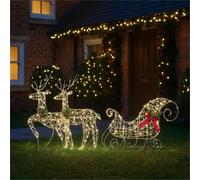 XMAS HAUS Outdoor 2D LED Deer & Sledge Christmas Holiday Festive Decoration Set, Timer 105L Warm White LEDs, Shiny Plastic Rope, 5M Cable & IP20 Transformer, Holiday Garden Lights