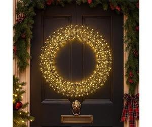 XMAS HAUS Pre Lit Micro LED Wreath with 10% Twinkling LED's 5m Lead, Timer PSU, Hanging Points, Black Wire Frame for Indoor and Outdoor on Doors, Walls, Ceilings. Christmas Decorative Lighting 500mm