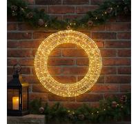 Xmas Haus Pre Lit Micro LED Wreath with 5m Lead, Timer PSU, Hanging Points, White Wire Frame for Indoor and Outdoor on Doors, Walls, Ceilings for Festive Christmas Decorative Lighting 700mm